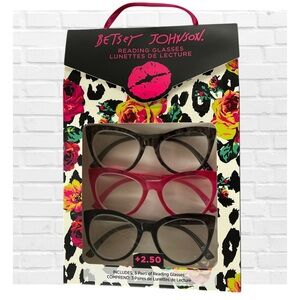 Betsey Johnson 3 Set Reading Cat Eye Glasses 2.50 Black Pink Tortoise Shell Set
